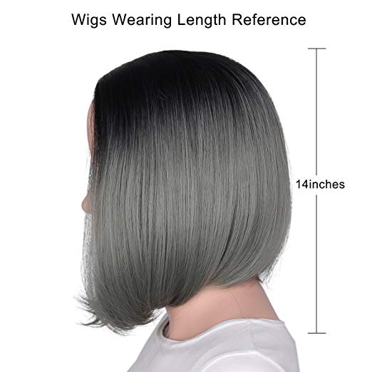 BARSDAR 14" Girl’s Short Ombre Bob Hair Wigs Straight Synthetic Colorful Halloween Cosplay Daily Party Wig for Women Natural Looking Heat Resistant As Real Hair-Black to Dark Gray